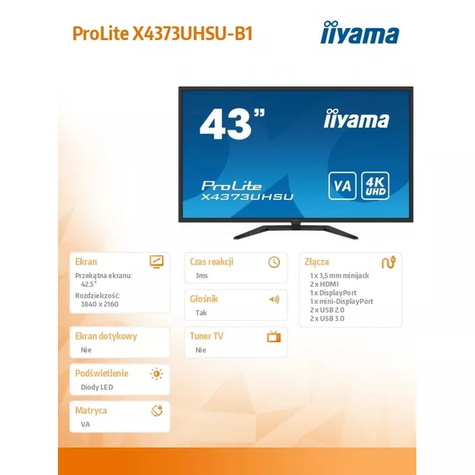IIYAMA Monitor wielkoformatowy 43 cale X4373UHSU-B1 4K, VA, 2xHDMI, DP, mDP, 3ms, 2x7W, USBx4
