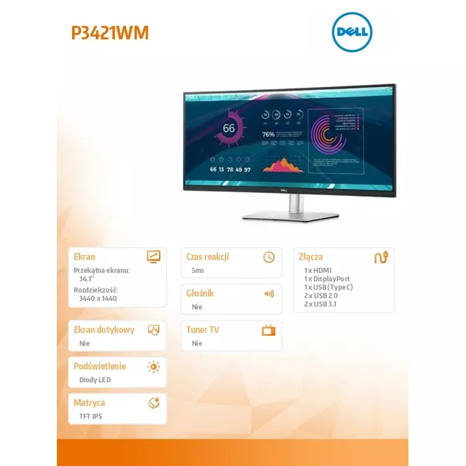 Dell Monitor 34 cale P3421WM zakrzywiony 21:9/3440x1440/IPS/USB-C
