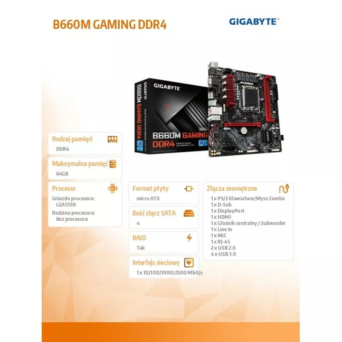 Gigabyte Płyta główna B660M GAMING DDR4 s1700 2DDR4 DP/HDMI M.2 mATX