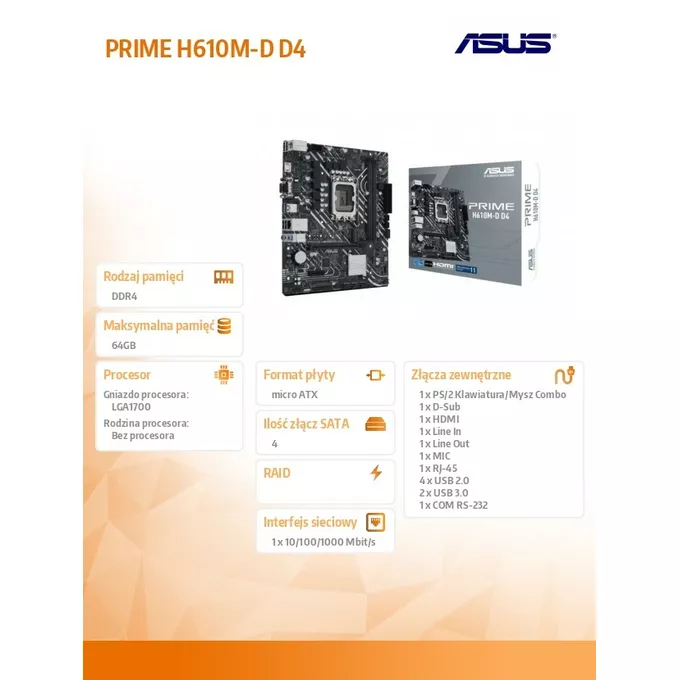 Asus Płyta główna PRIME H610M-D D4 s1700 2DDR4 DP/HDMI M.2 mATX