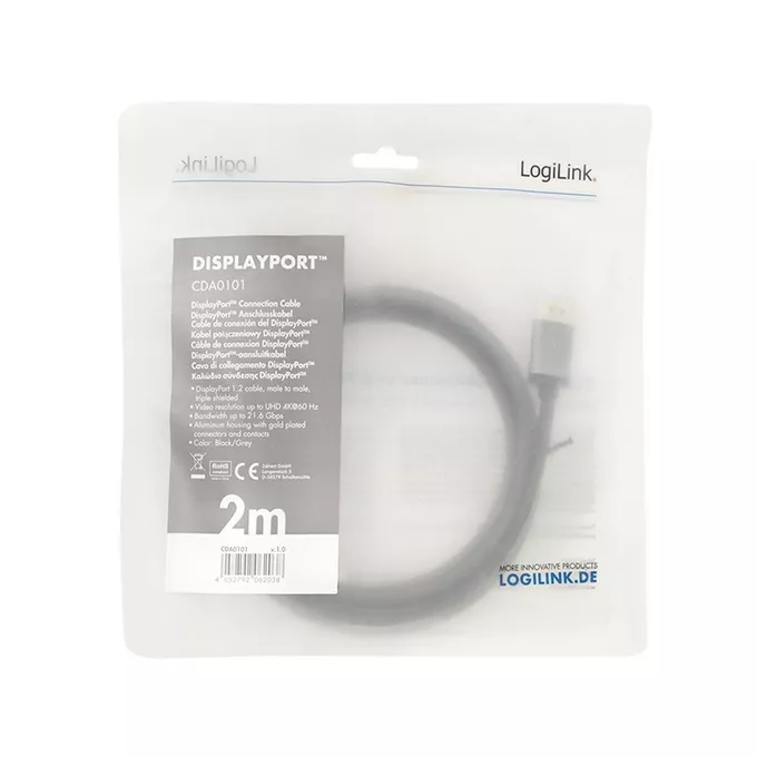 LogiLink Kabel DisplayPort 4K/60 Hz,DP/M do DP/M aluminium 2m