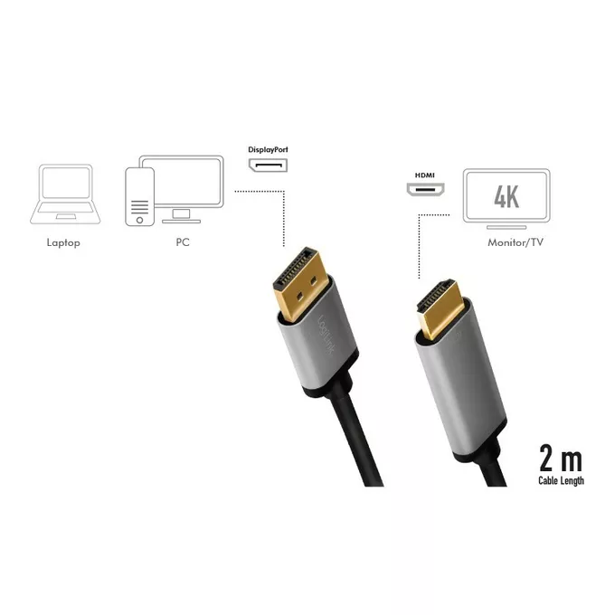 LogiLink Kabel DisplayPort 4K/60 Hz,DP do HDMI aluminiowy 2m