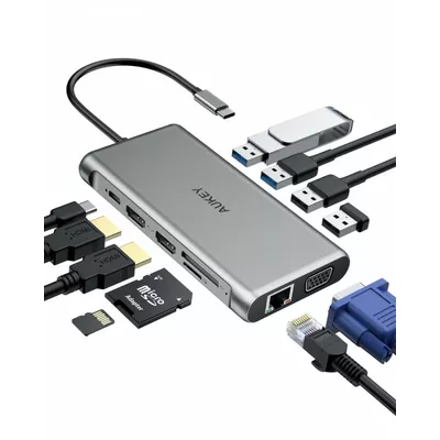 AUKEY CB-C78 aluminiowy HUB USB-C | 12w1 | RJ45 Ethernet 10/100/1000Mbps | 2xUSB 3.1 | 2xUSB 2.0 | 2xHDMI 4k@30Hz | VGA | SD i microSD | USB-C