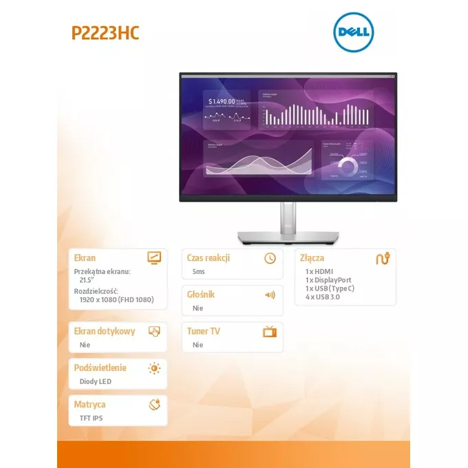 Dell Monitor P2223HC 21.5 cala IPS LED Full HD (1920x1080)/16:9/HDMI/DP/USB-C/4xUSB/3Y AES&amp;PPG