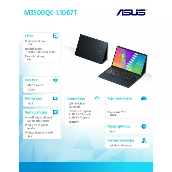 Asus Notebook VivoBook Pro 15 M3500QC-L1067T W10 R7 5800H 16/512/3050/15.6