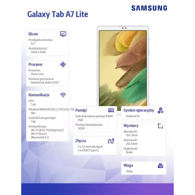 Samsung Tablet T220 TAB A7 Lite 8,7 Wifi 3/32GB srebrny