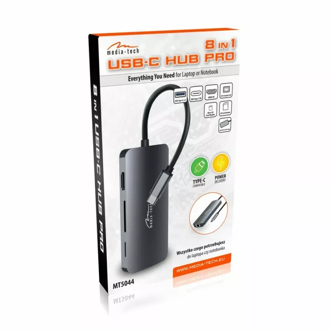 Media-Tech HUB USB-C 8 portów MT5044 3xUSB-A 3.0, 1xUSB-C PD, 1xRJ45, 1xHDMI 4K, 1xSD 1xMicro SD
