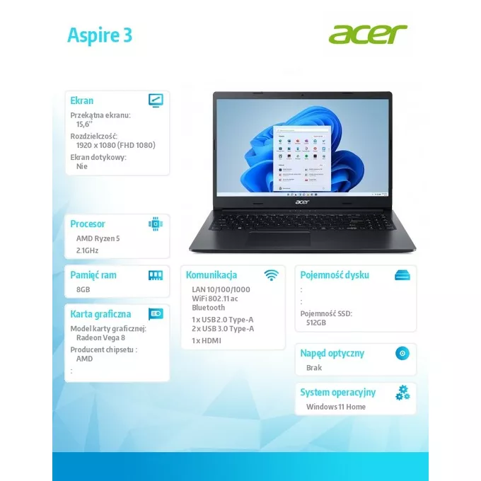 Acer Notebook Aspire 3 A315-23-R7Z7     WIN11H/R5-3500U/8GB/512SSD/UMA/15.6