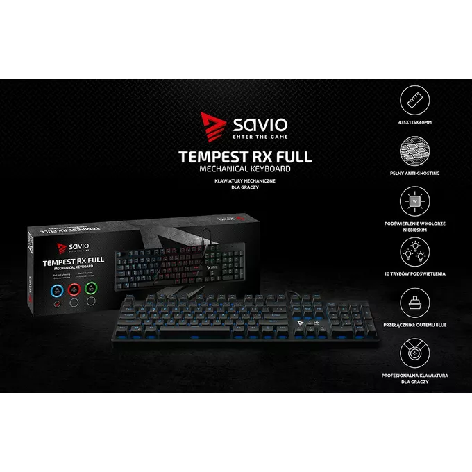 Savio Mechaniczna Klawiatura Gamingowa, Outemu BLUE, Tempest RX Full Blue