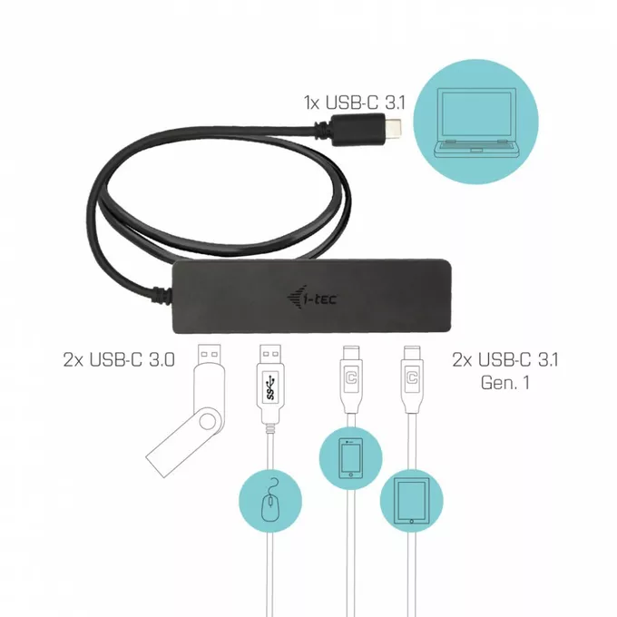 i-tec HUB USB-C metalowy 2x USB 3.0 + 2x USB-C, z kablem USB-C 85cm