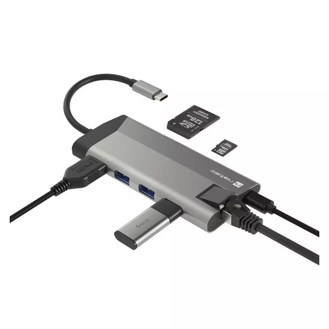Natec Stacja dokująca Multiport Fowler Plus USB-C PD, 3x USB 3.0, HDMI 4K, RJ45, SD, micro SD