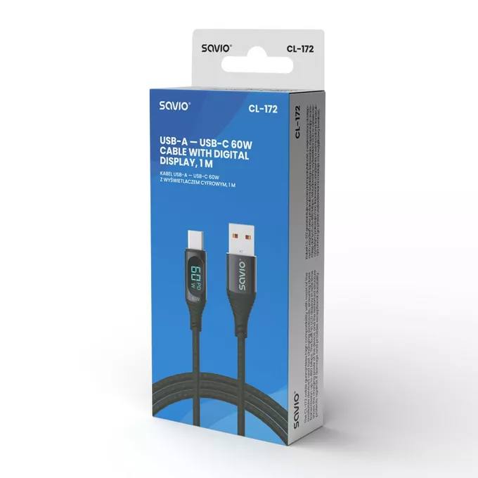 Savio Kabel USB - USB C z wyświetlaczem, 60W, 1m, CL-172