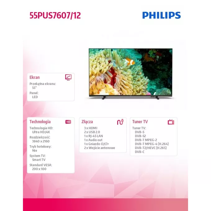 Philips Telewizor 55 cali LED 55PUS7607/12 SMART