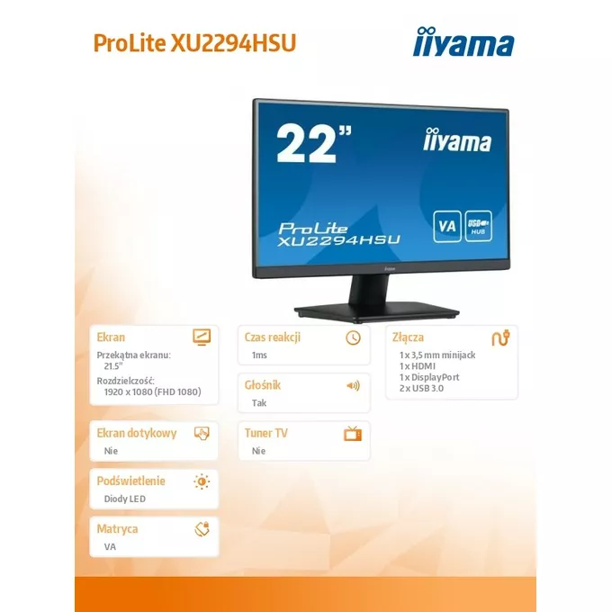 IIYAMA Monitor 21.5 cala XU2294HSU-B2 VA,FHD,HDMI,DP,USB3.0,2x2W,VESA