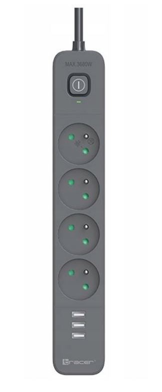 Tracer TRALIS47027 Power Line+ Mobile Ready 4 Gniazda 3x USB-A 1,5m Grafitowy