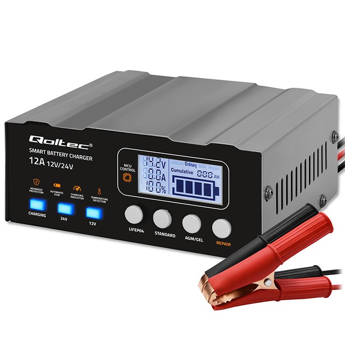 Qoltec 52491 Inteligentna mikroprocesorowa 12V, 12,6 V, 24V Prostownik z funkcją naprawy do AGM GEL