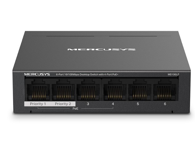 TP-LINK Przełącznik Mercusys 6-Port 10/100 Mbps Desktop Switch with 4-Port PoE+ PORT: 4× 10/100 Mbps PoE+ Ports, 2× 10/100 Mbps Non-PoE Ports MS10