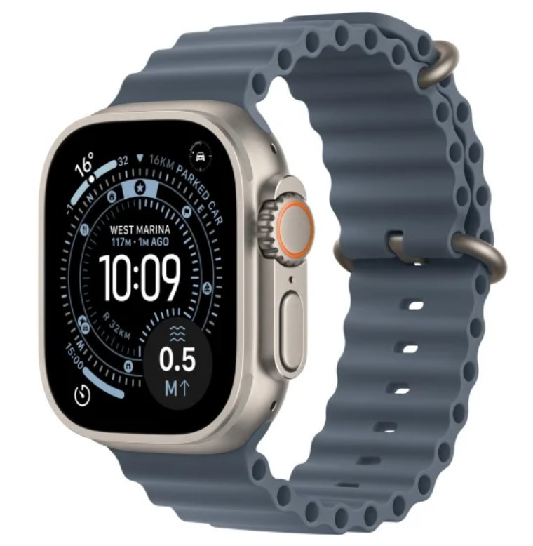 Apple Watch Ultra 3 GPS + Cellular Koperta 49 mm z tytanu w kolorze naturalnym Pasek Ocean w kolorze marynarskiego granatu
