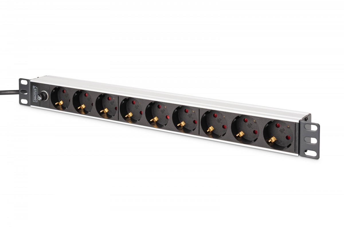 Digitus Listwa zasilająca PDU Rack 19" z bezpiecznikiem przeciążeniowym, 9 gniazd Schuko CEE 7/3 (45°), kabel 2m wtyk IEC C14, 10A, aluminiowa