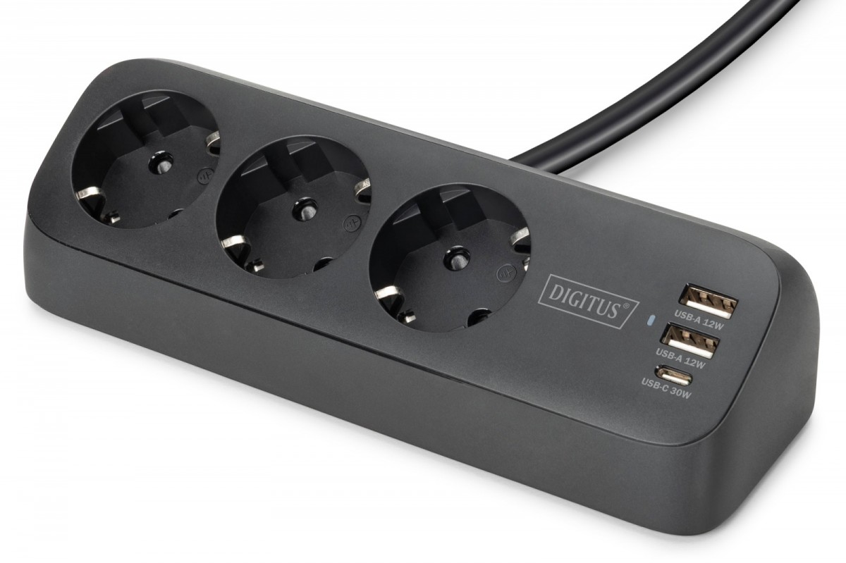 Digitus Listwa zasilająca biurkowa, 3 gniazda Schuko, 2x USB-A (2x 12W), 1x USB-C (30W) z zaciskiem na blat, kabel 1,5m, czarna