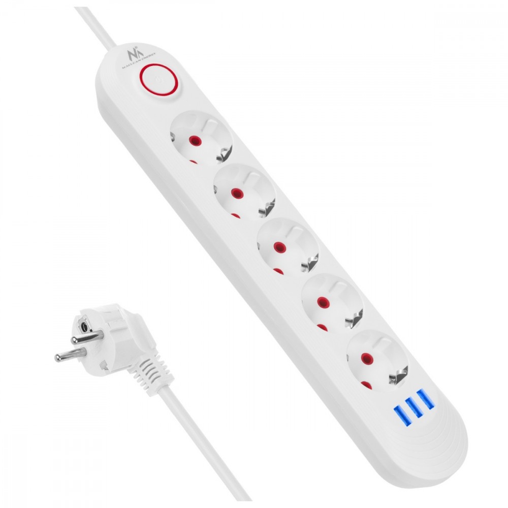 Maclean Listwa zasilająca 5 gniazd MCE395 W 3xUSB, 110-240v AC 50/60Hz, 2,1A max 2500W, biała