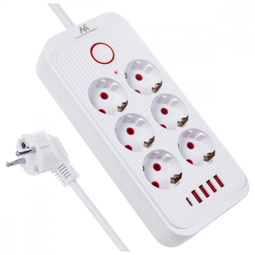 Maclean Listwa zasilająca MCE391 W 6 gniazd 4xUSB-A 1xUSB-C 110-240V AC 50/60Hz, 2.1A max 2500W, biała