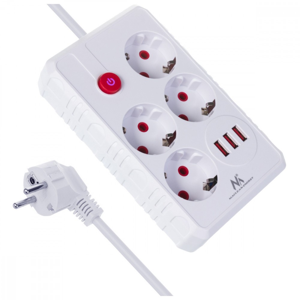 Maclean Listwa zasilająca MCE392 W 4 gniazda 3xUSB, 110-240V AC 50/60Hz, 2.1A max 2500W 1,5m biała