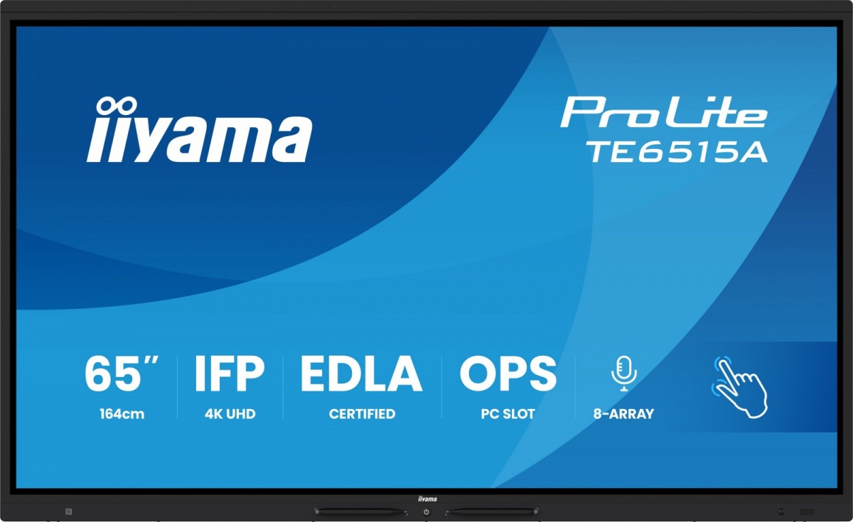 IIYAMA Monitor interaktywny 65 cali TE6515A-B2AG VA,4K,40pkt,550cd,DeepContrast-IR+, HDMI x2,DP,USB-C, 2 x 20W, OPS Slot x1, 5xUSB, 2xRJ45,8-Array