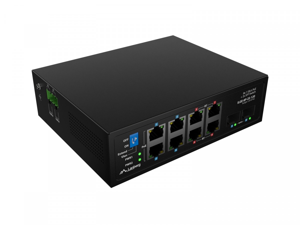 Lanberg Przełącznik ILGE-8P-2S-120 Light Industrial POE 4XBT 4XAT 2XSFP DIN Gigabait Ethernet