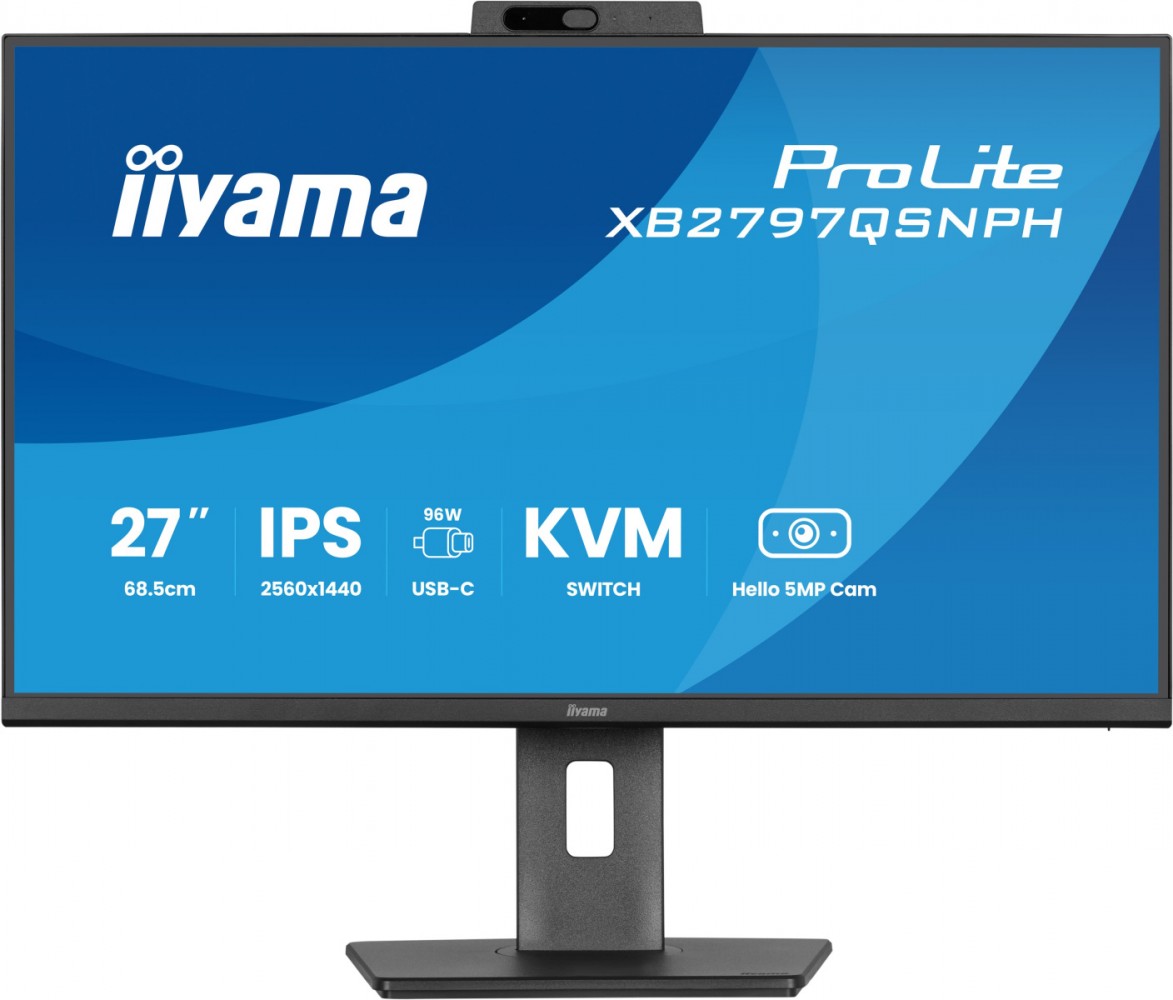 IIYAMA Monitor 27 cali Prolite XB2797QSNPH-B1,IPS,QHD,CAM,MIC,HDMI, DP, 4xUSB,75Hz, USB-C DOCK 96W, RJ45,KVM, 2x2W, 5MP WINDOWS HELLO, HAS 150, 350C