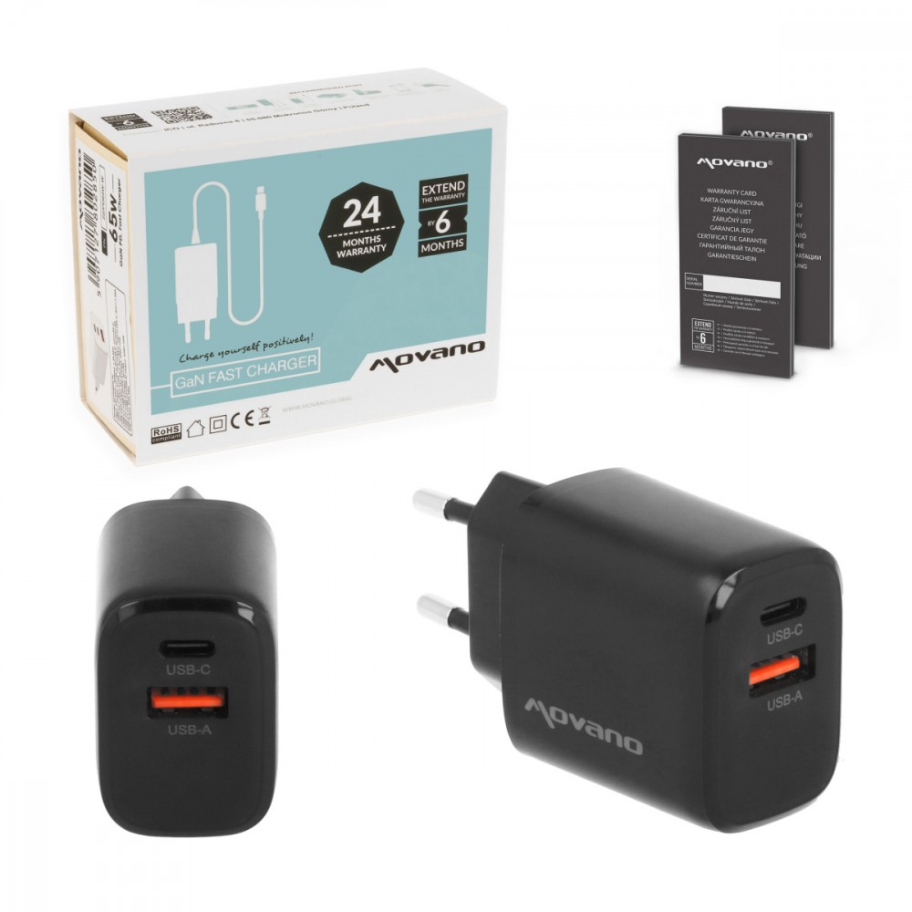Movano Ładowarka GaN 20W USB-C PD + USB-A (czarna)