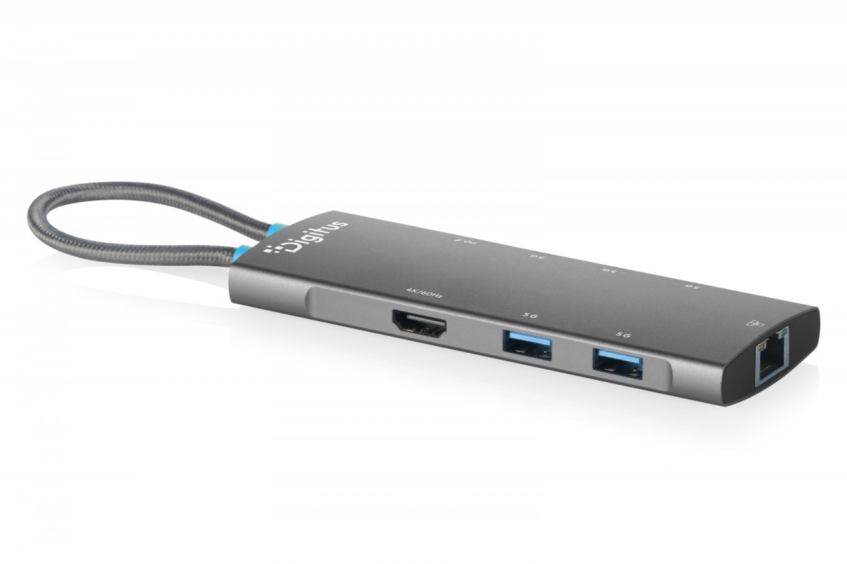 Digitus Stacja dokująca USB-C 8-portowa, HDMI 4K/60Hz, 4x USB-A + 1x USB-C 3.2 Gen1, RJ45 Gigabit, Power Delivery 100W, DP 1.4 Alt Mode, kabel 18cm