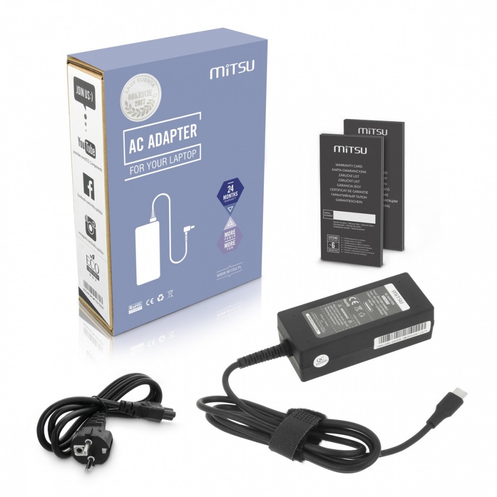 Mitsu Zasilacz ładowarka do laptopa 45W USB-C 5V-9V-12V-15V/3A, 20V/2.25A PD