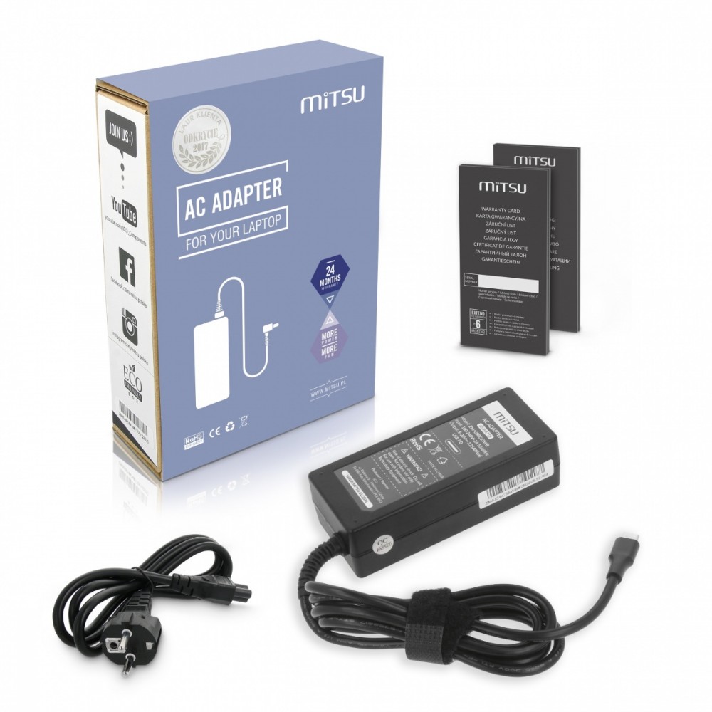 Mitsu Zasilacz ładowarka do laptopa 65W USB-C 5V-9V-12V-15V-20V/3A, 20V/3.25A PD